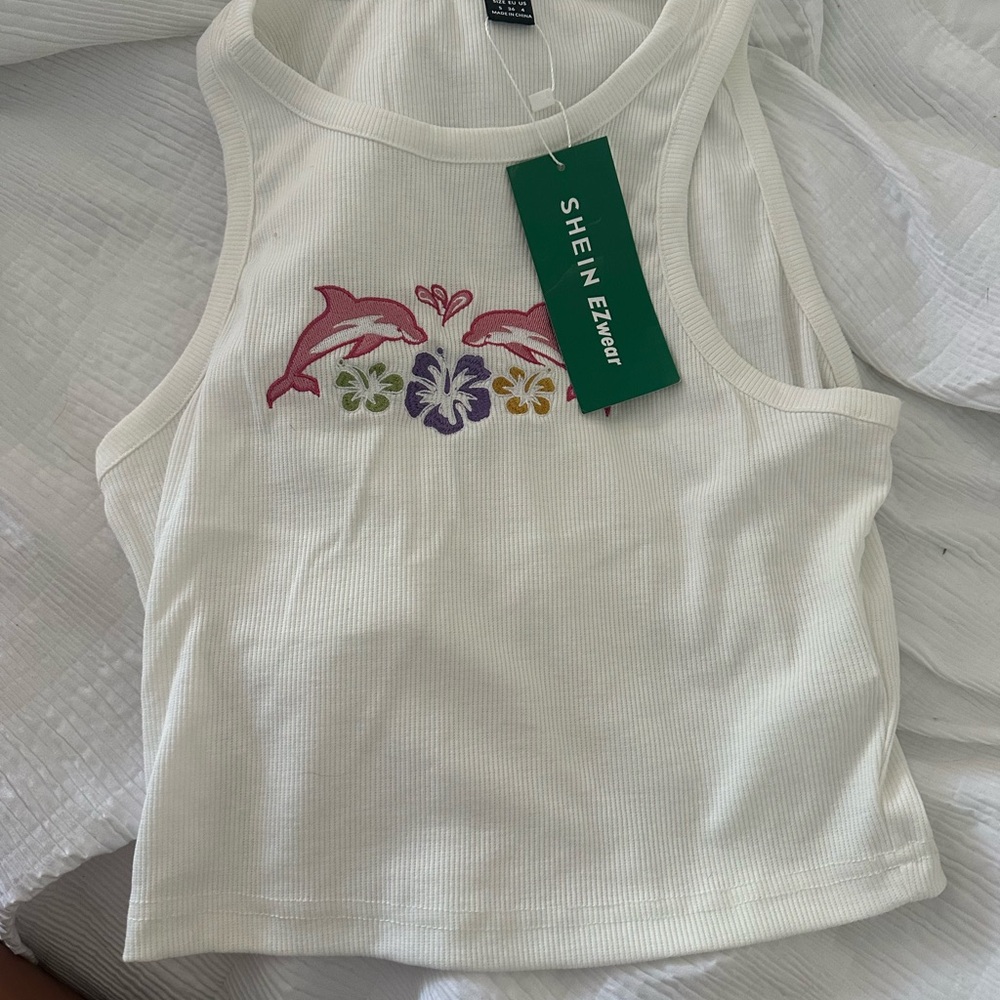 SHEIN White Tank Top with Pink Dolphins and Floral Design